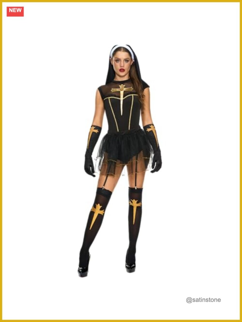 Women's Nun Costume Set Hat Skirt Bodysuit Gloves Stockings Halloween Cosplay